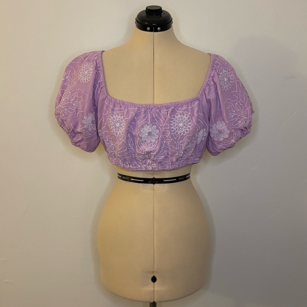 Free People Lotus Crop Top, Bandeau, Puff Sleeves, Lilac, Embroidered Floral, L
